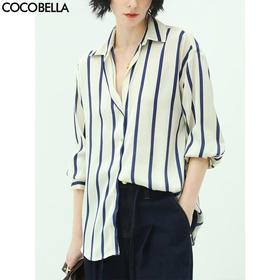 COCOBELLA简约蓝白条纹缎面衬衫女气质通勤OL长袖衬衣NSR616