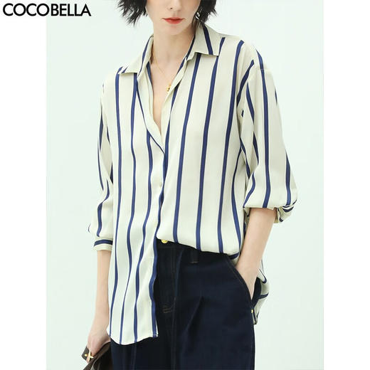 COCOBELLA简约蓝白条纹缎面衬衫女气质通勤OL长袖衬衣NSR616 商品图0