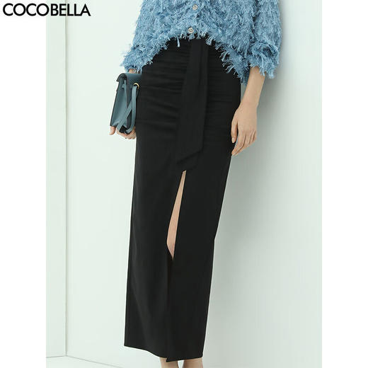【秒杀】COCOBELLA设计感捏褶高开叉OL半身裙女气质飘带裹身长裙HS103 商品图0
