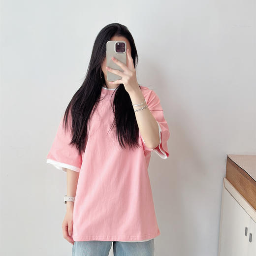 极简风后背字母 假两件叠穿宽松短袖T恤 商品图0