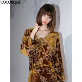 COCOBELLA奢感新国风烧花丝绒上衣秋蕾丝拼接雅致衬衣SR7050