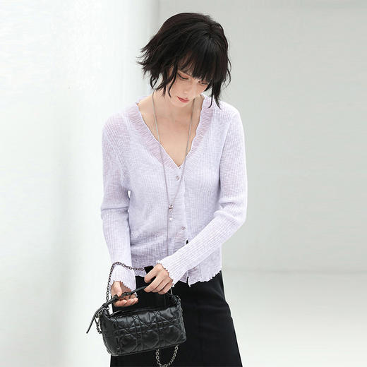 COCOBELLA优雅通勤质感花纱针织开衫女木耳边上衣NMZ1 商品图0