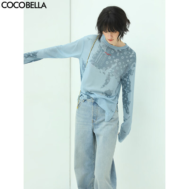 COCOBELLA设计感印花长袖针织T恤宽松休闲亲肤圆领上衣TS100