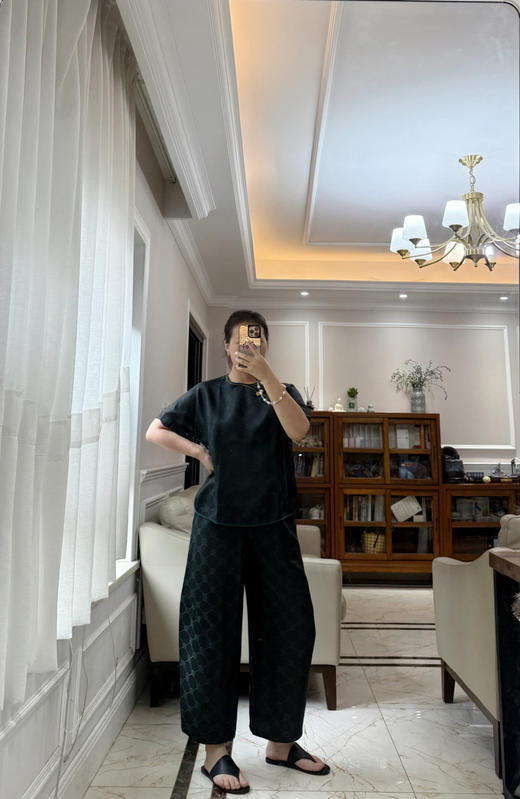 712-4 新中式 四时吉祥 香云纱提花 盘扣斜襟短袖上衣 松紧腰灯笼裤 商品图8