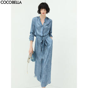 COCOBELLA渲染牛仔色印花衬衫裙女夏丝滑缎面通勤连衣裙FR922