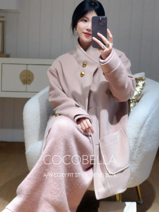 COCOBELLA气质粉温柔风毛呢外套质感金属扣中长款大衣WL7063 商品图0