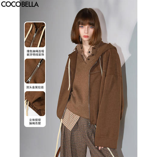 COCOBELLA抽褶蝙蝠袖短外套休闲连帽炒色花纱拉链卫衣SC3013-2 商品图0