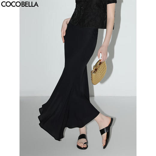 COCOBELLA法式优雅光泽感大摆鱼尾裙秋垂坠开叉半身长裙HS537 商品图0