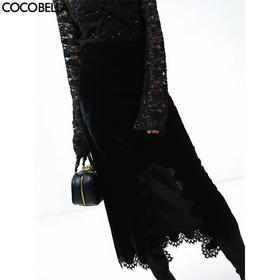 COCOBELLA优雅气质蕾丝拼接丝绒半身裙开叉直筒小黑裙HS3097
