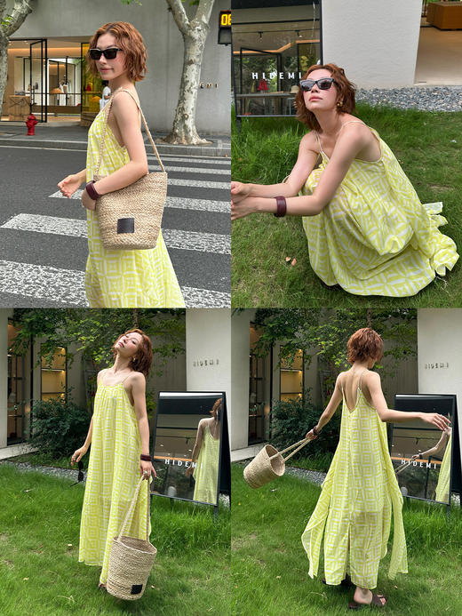 HIDEMI极简设计感呼吸感轻柔飘逸丝巾绑带式进口可再生纤维莱赛尔吊带连衣裙长裙 白色/巧克力色/几何印花 商品图3