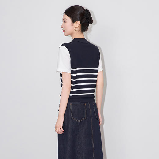 「高货wl」全新升级【铂金会员201/天猫269/差价68】(52005)洛诗琳气质通勤立体密织超细冰丝条纹设计感拼接针织T恤女 商品图1