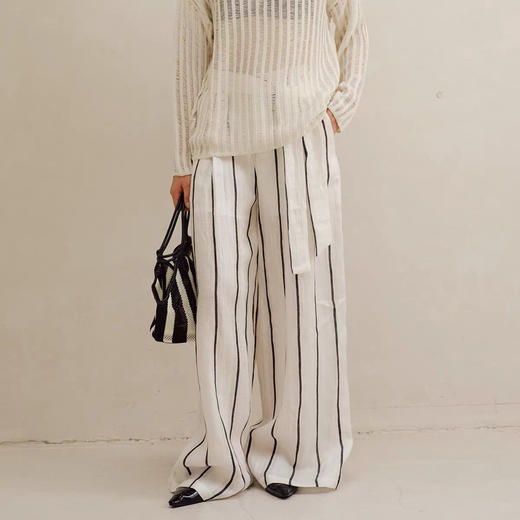 条纹亚麻阔腿裤 商品图0