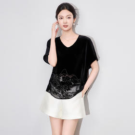 「高货wl」全新升级【铂金会员321/天猫429/差价108】(42010)洛诗琳国风高品质时髦洋气V领山水画烧花真丝丝绒上衣女