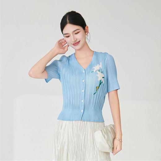 「自」全新升级【铂金会员183/天猫249/差价66】(53739)洛诗琳气质褶皱T恤2025夏季时尚薄款印花百搭温柔风短袖开衫 商品图1