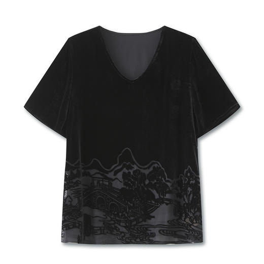 「高货wl」全新升级【铂金会员321/天猫429/差价108】(42010)洛诗琳国风高品质时髦洋气V领山水画烧花真丝丝绒上衣女 商品图4