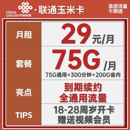 老表通信联通玉米卡29元/75G通用流量+300分钟通话（激活带100元话费） 商品图0