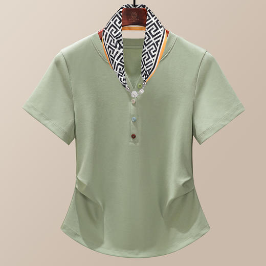 「自」全新升级【铂金会员109/天猫149/差价40】(52412)洛诗琳丝巾彩色纽扣t恤2025年夏季新款高级感修身显瘦上衣 商品图2