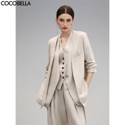 COCOBELLA重工贡针假两件亚麻西装女气质通勤裸领西服SI3001 商品图0