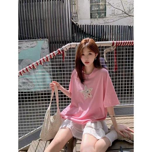 【海星贝壳T】上身巨显白巨少女‼️特别是这个湖蓝色，自带反光板！胸前蕾丝海星超级重工 商品图4