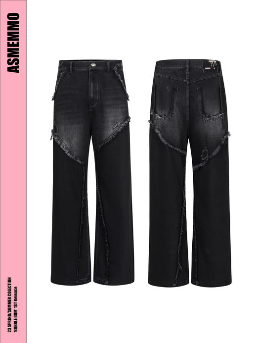 ASMEMMO咦哇•牛仔针织拼接长裤夏季黑色毛边直筒百搭休闲裤男潮 商品图4