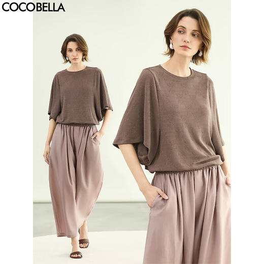 COCOBELLA女人味暗纹提花亮丝针织衫T恤女夏蝙蝠袖罩衫TS0069 商品图0