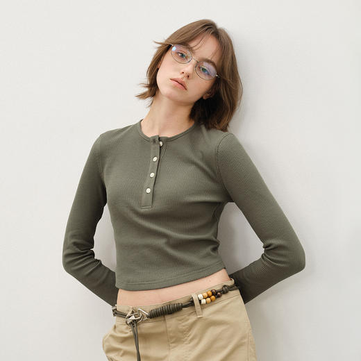 714street薄款华夫格亨利领长袖T恤女2025秋冬新款打底衫日系上衣 商品图1