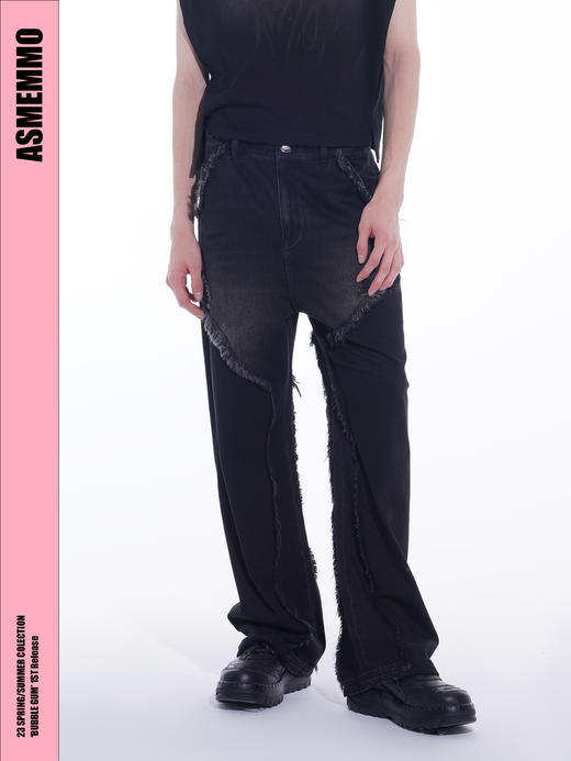 ASMEMMO咦哇•牛仔针织拼接长裤夏季黑色毛边直筒百搭休闲裤男潮 商品图3