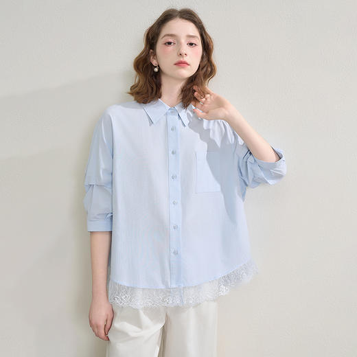 西遇蕾丝花边拼接通勤衬衫女秋季宽松显瘦设计感衬衣V2551108 商品图3