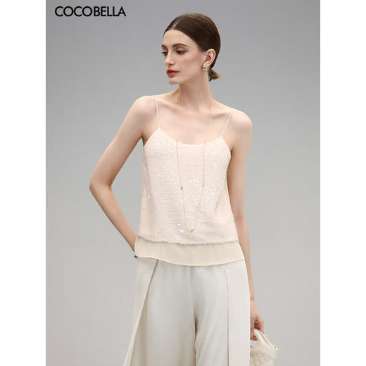 COCOBELLA亮片绣拼接双层雪纺吊带内搭可外穿气质背心VT0005 商品图0