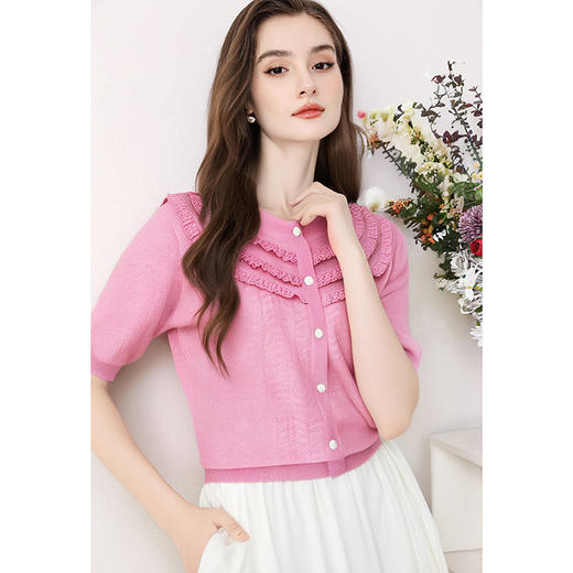 全新升级【铂金会员183/天猫239/差价56】(72655)洛诗琳设计感荷叶边短袖针织衫女夏季2025新款气质宽松上衣 商品图1