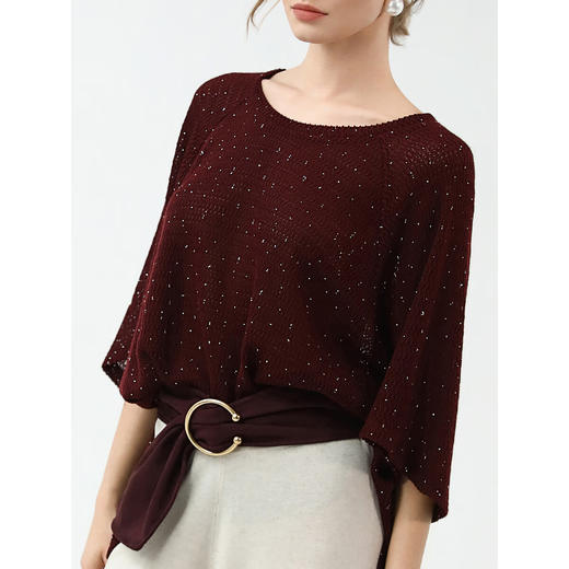 COCOBELLA[安可拉红]蝙蝠袖春夏烫钻镂空针织衫侧开叉T恤TS3037 商品图0