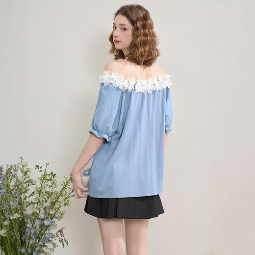 法式浪漫田园花瓣领插肩袖软牛仔衬衫女夏季宽松衬衣V1350837 商品图4