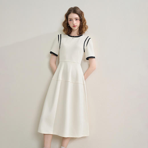 优雅文艺风撞色短袖连衣裙女夏季复古设计感中长裙V1450911 商品图3