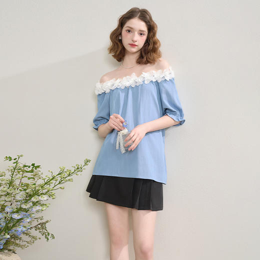 法式浪漫田园花瓣领插肩袖软牛仔衬衫女夏季宽松衬衣V1350837 商品图1