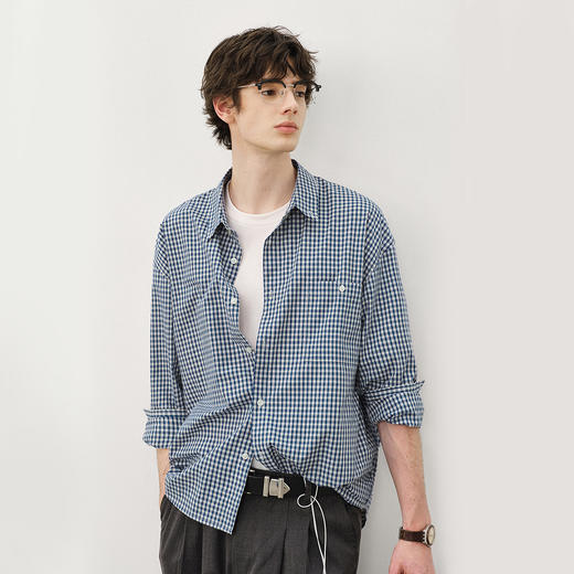 714street蓝色格子微宽松落肩纯棉长袖衬衫男女秋季新款miu系穿搭 商品图0