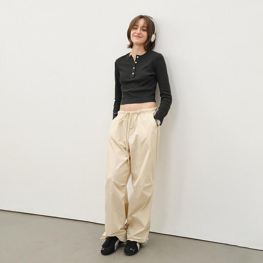 714street薄款华夫格亨利领长袖T恤女2025秋冬新款打底衫日系上衣 商品图2