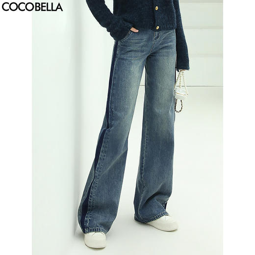 COCOBELLA拼色水洗直筒牛仔裤女秋撞色高腰休闲裤宽松阔腿裤DN26 商品图0