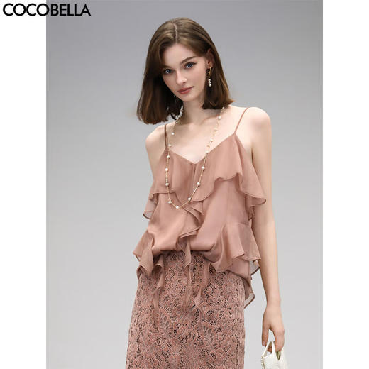 COCOBELLA不规则荷叶边飘逸吊带衫仙女风轻盈雪纺背心VT3004 商品图0