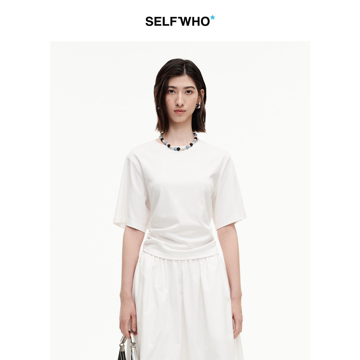 SELFWHO纯棉后背镂空欧根纱绑带短袖女2025夏新款宽松正肩T恤上衣