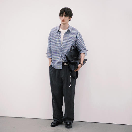 714street蓝色格子微宽松落肩纯棉长袖衬衫男女秋季新款miu系穿搭 商品图2