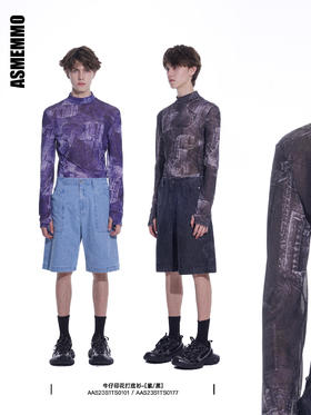 ASMEMMO咦哇•牛仔印花纤网长袖打底衫男小众印花设计感防晒T恤夏