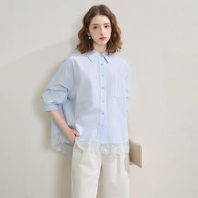 西遇蕾丝花边拼接通勤衬衫女秋季宽松显瘦设计感衬衣V2551108
