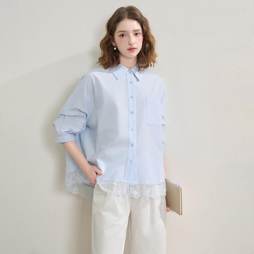 西遇蕾丝花边拼接通勤衬衫女秋季宽松显瘦设计感衬衣V2551108 商品图0
