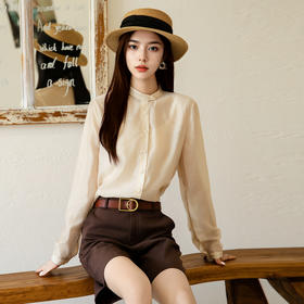 谜底天丝衬衫长袖女2025秋季新款通勤简约纯色圆领衬衣257MC7766