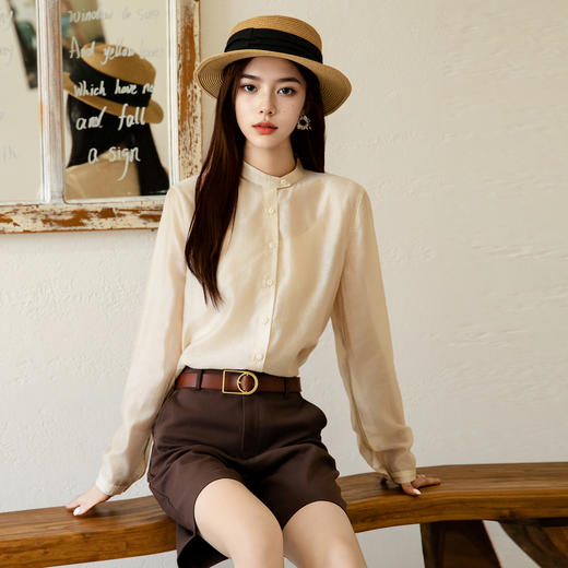 谜底天丝衬衫长袖女2025秋季新款通勤简约纯色圆领衬衣257MC7766 商品图0