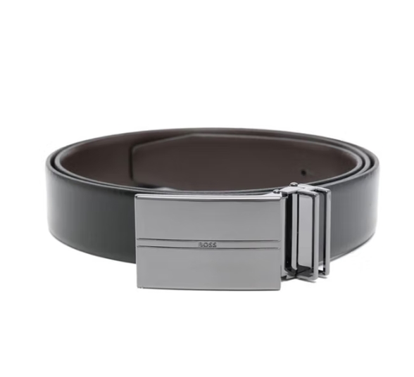 HUGO BOSS 雨果博斯 2025春夏新品 男士双扣头徽标牛皮双面皮带腰带 黑色 50537099