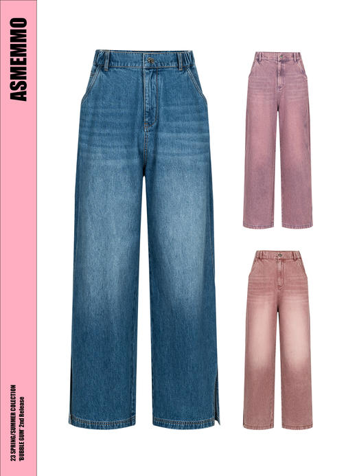 ASMEMMO咦哇•“加州仲夏”水洗拖地开叉牛仔裤宽松阔腿休闲长裤 商品图4