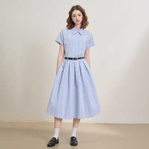 西遇学院风蓝色格纹短袖衬衫连衣裙女秋季收腰百褶长裙V2451101 商品图1