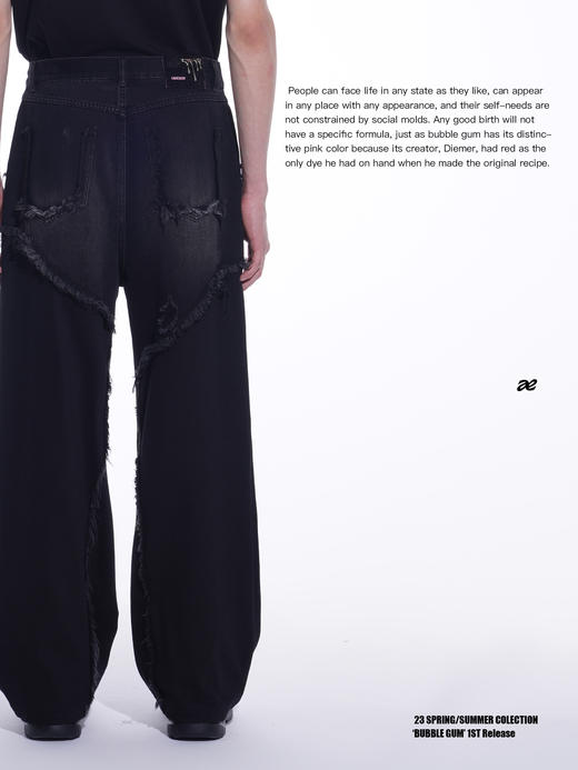 ASMEMMO咦哇•牛仔针织拼接长裤夏季黑色毛边直筒百搭休闲裤男潮 商品图2