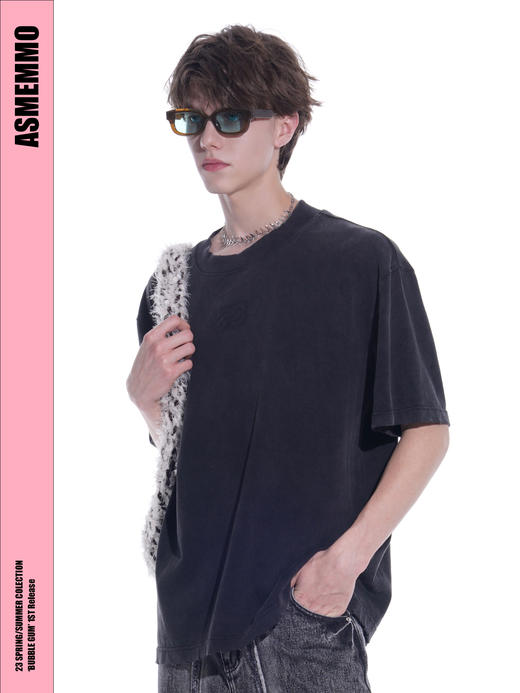 启世录TIWILLTANG“朦灰磨破”水洗黑色潮流T恤圆领打底衫夏季百搭短袖男 商品图3